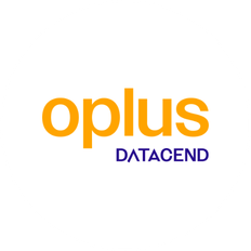 Oplus Suivez-nous Oplus logo on white background, orange 'oplus' with purple 'DATACEND' text.