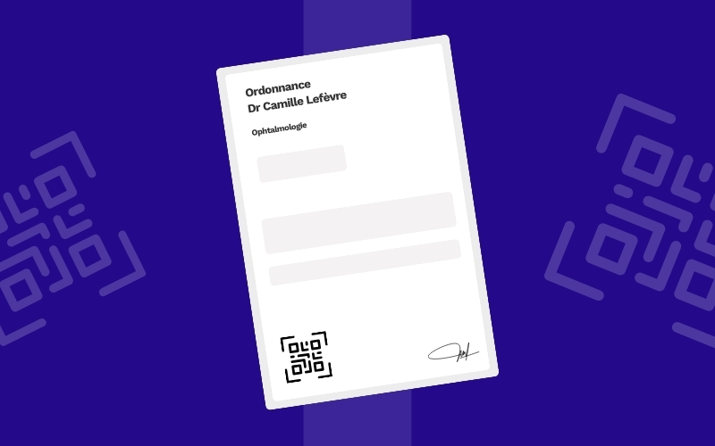 Tilted medical prescription form titled 'Ordonnance Dr Camille Lefèvre' for ophthalmology, featuring a QR code bottom left on a blue background.