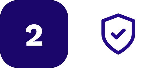 etape-2 | Datacend Two icons: a purple rounded square with the white number 2, and a purple shield with a check mark, indicating Step 2 is secure/verified.