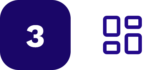 etape-3 | Datacend Left: purple rounded square with a white number 3; right: purple grid icon representing apps (four rounded squares).