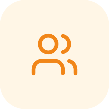 tuile-patientele | Datacend Icon of two orange user silhouettes on a light beige rounded background, representing a group or multiple users.