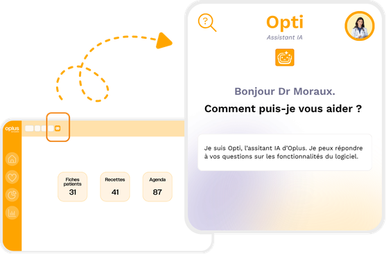 Agent IA Opti Oplus | Datacend Interface screenshot of Opti Assistant IA with a greeting in French, left navigation and metric cards (Fiches patients, Recettes, Agenda) on an orange-accented panel.