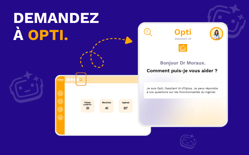 Opti IA Oplus | Datacend Banner promoting Opti: two device screens and a chat window with the phrase 'Bonjour Dr Moraux. Comment puis-je vous aider ?' on a purple background.